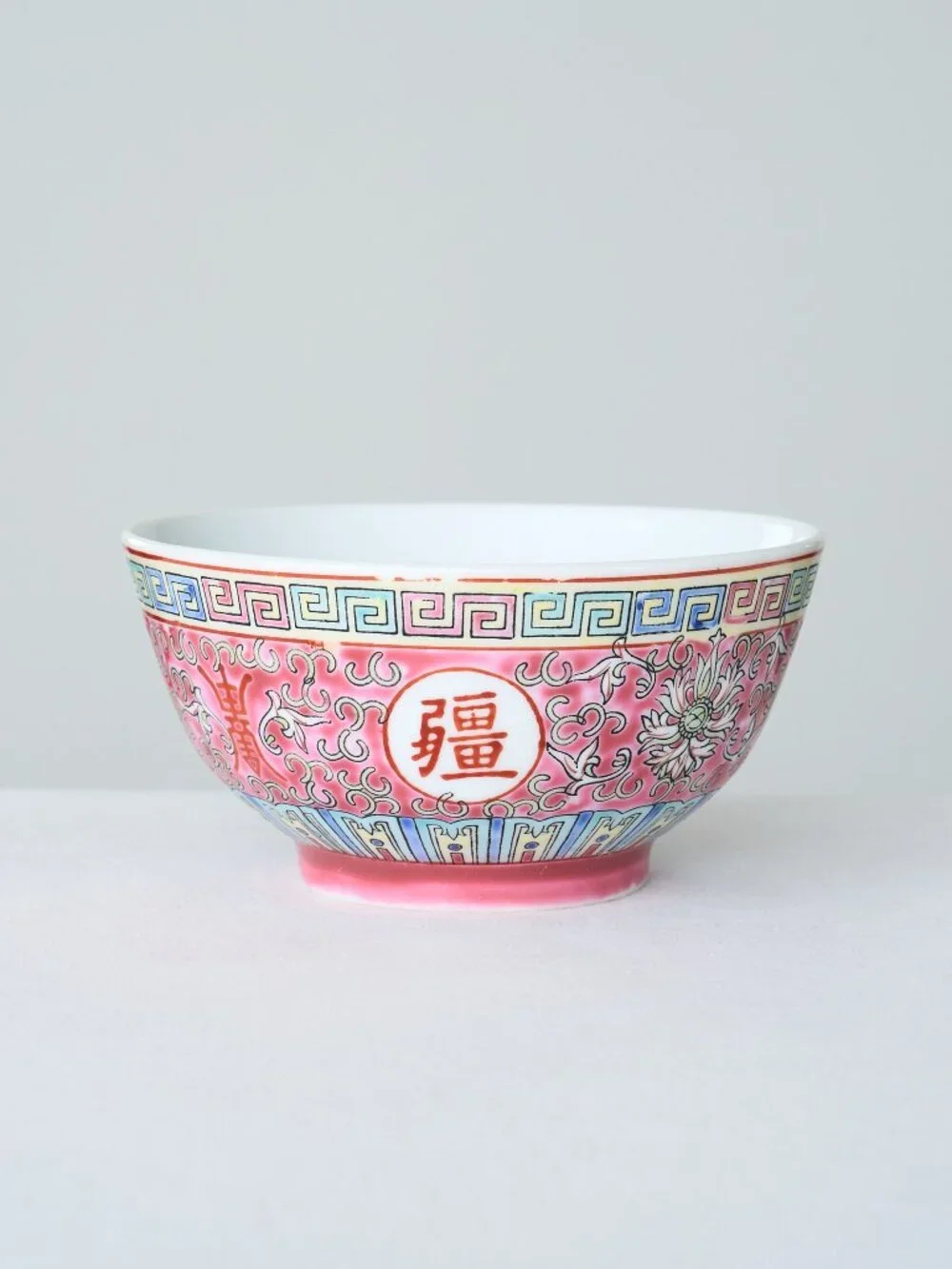 6 Vintage Chinese Mun Shou Famille Rose Rice Bowls Pink Porcelain Greek Key